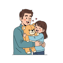 Cartoon illustration of a father and daughter hugging a teddy bear, expressing love and joy.