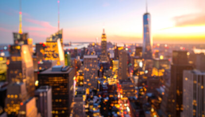 Naklejka premium Defocused Blur Across Urban Buildings in New York City at Night with Glowing Lights, Bokeh Cityscape, Manhattan Skyscrapers, Abstract Background, Evening Skyline, Modern Architecture Scene