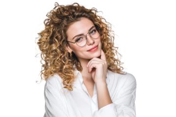 Blonde curly-haired woman with glasses in white shirt looking aside isolated on transparent png background