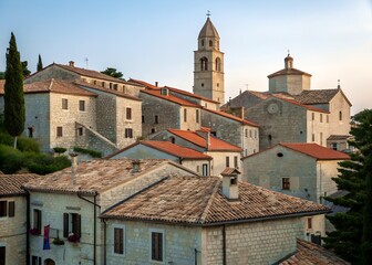 Obraz premium Picturesque hilltop town with stone buildings, terracotta roofs, and bell tower at sunset
