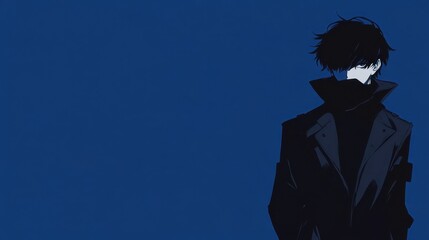 Dark-hued male figure in dramatic pose against a vibrant blue backdrop.