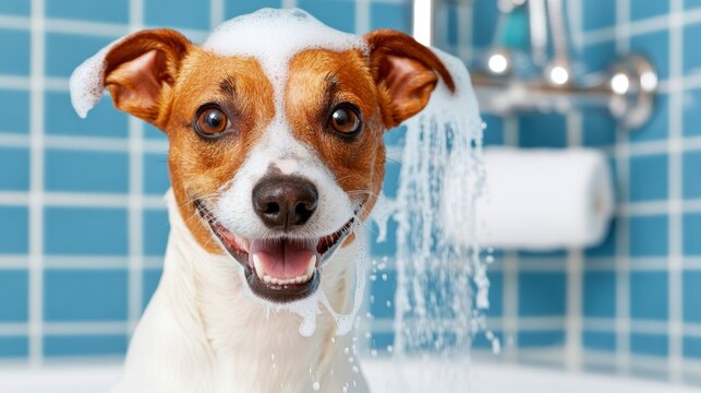 Jack russel terrier dog enjoying a bath with bubbly soap and a bright smile in a tiled bathroom setting - Powered by Adobe