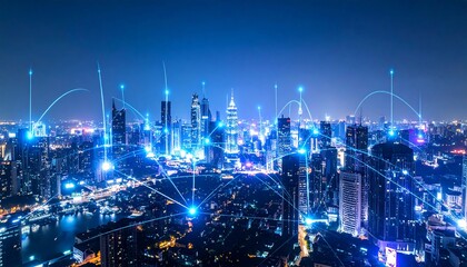 City at night, connected by digital lines