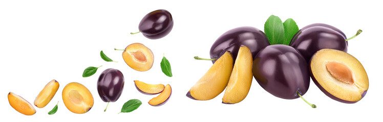 fresh purple plum and half with leaves isolated on white background with copy spase for your text. Top view. Flat lay