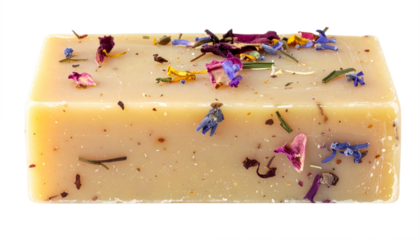 Handmade botanical soap bar with dried flowers and herbs, a natural wellness product
