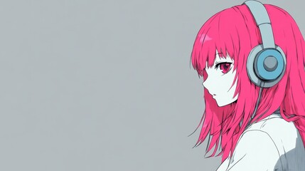 Pink-haired anime girl listens intently to music.