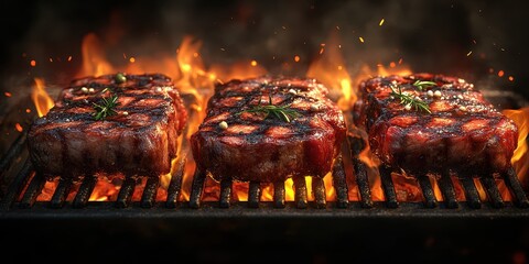 Grilling succulent steaks over a roaring flame with herbs at a summer barbecue cookout in the backyard