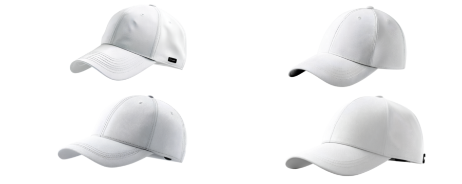 Set of Floating White Baseball Cap with Soft Shadow Below  Isometric Perspective Transparent Background. 