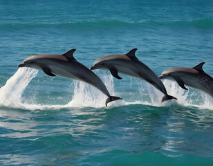 A group of dolphins is splashing and playing in the waves of water in the sea. dolphin jumping out of the water.