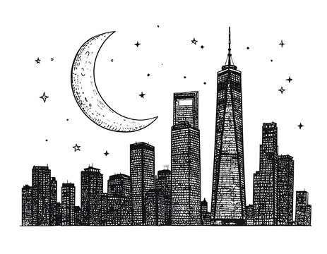 Fototapeta City skyline at night with moon