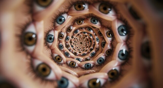 Eyes spiral inward, hypnotic, surreal