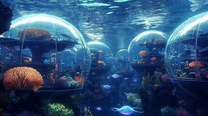 Futuristic Underwater Habitat: Transparent Domes with Coral Reefs and Bioluminescent Creatures