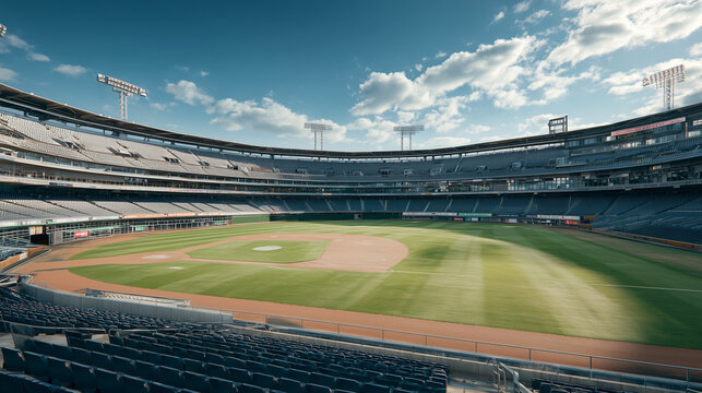 A wide view of a baseball stadium field, showing the green grass, diamond layout, and seating area. Perfect for sports, competition, and outdoor event themes. - Powered by Adobe