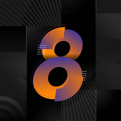Futuristic Number 8 Design &ndash; Abstract Orange and Blue Gradient Digit on Black Geometric Background