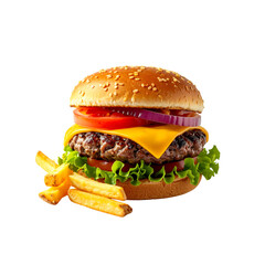 Delicious cheeseburger with fries ready to eat on transparent background