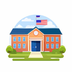 Charming flat design illustration of a classic American school building with a flagpole flying the US flag under a blue sky with clouds