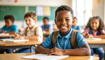 A photograph of an African American child sitting at a desk in an elementary school. High quality. 