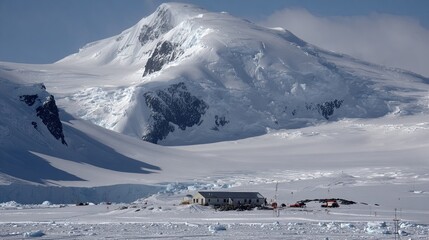 Remote Antarctic Research Station Amidst Snowy Mountains