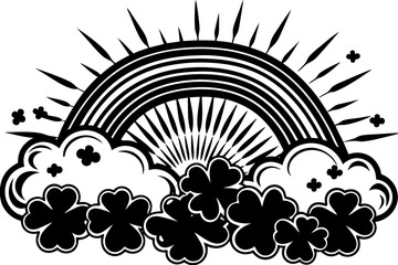 Bright Cartoon Rays with Clouds Clovers and Rain vector illustration