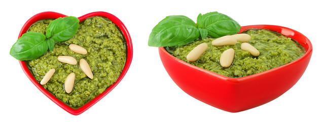 Pesto sauce in ceramic bowl isolated on white background. Top view. Flat lay.