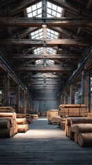 Historic warehouse with stacked timber in natural light during daytime offers a glimpse into traditional wood storage