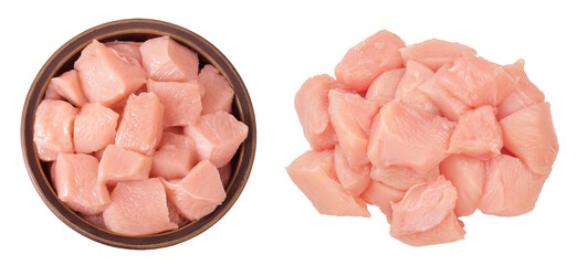 Raw diced chicken fillet in ceramic bowl isolated on white background. Top view. Flat lay
