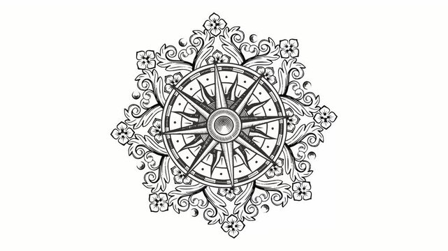 Ornate Compass Rose Mandala with Floral Elements - Black and White Vector Design, 4K, loop animation