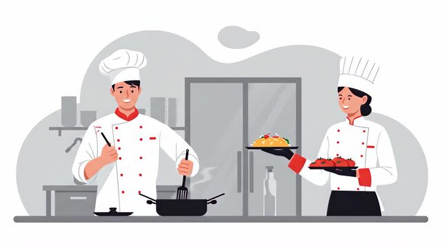 Flat vector two skilled chefs are working together in a restaurant kitchen, preparing delicious food with expertise and passion, showcasing culinary excellence