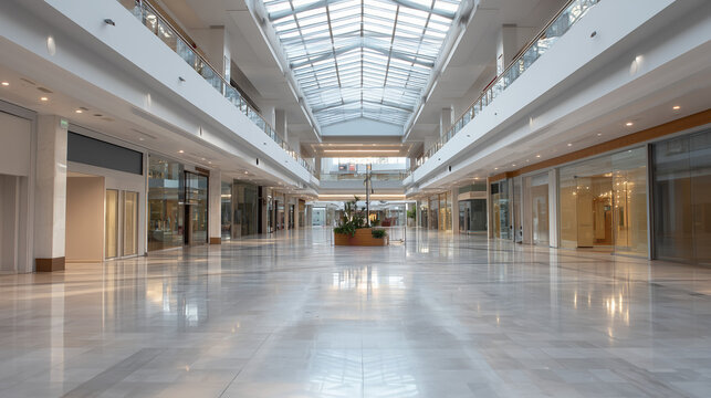 Empty shopping mall interior with clean architecture and modern design. Ideal for concepts of retail space, commercial property, renovation, or economic slowdown visuals.