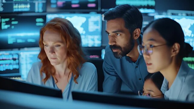 Diverse Team Analyzing Data on Multiple Screens in Dimly Lit Control Room