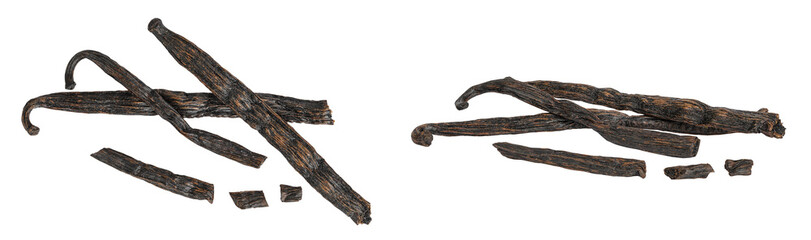 Dried vanilla stick isolated on white background. Top view. Flat lay.