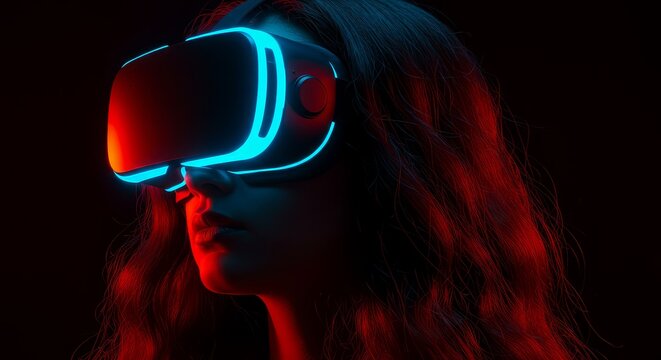 Woman immersed in virtual reality with neon glow