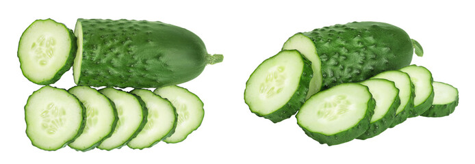 Sliced cucumber isolated on white background with full depth of field. Top view. Flat lay.
