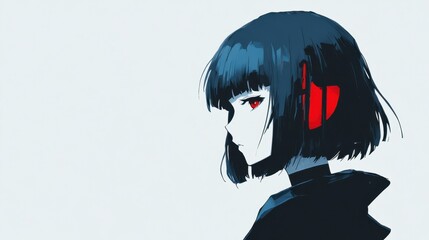Stylish anime girl with red headphones in profile view.