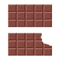 Two Chocolate Bars. Whole and Bitten Chocolate Vector Illustration. The top bar is whole and intact, consisting of a 4x5 grid of raised square segments. The top chocolate bar is bitten.