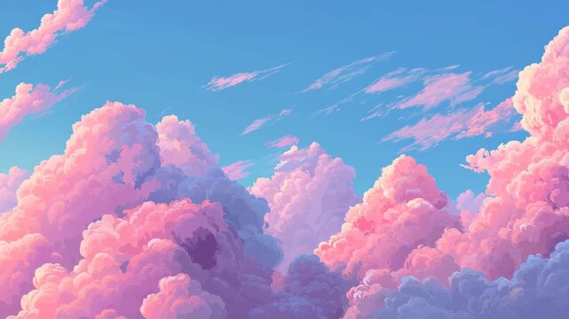 Serene Skyscape Soft Pink Clouds Drifting Peacefully in a Blue Sky - Dreamy Cloudscape Illustration