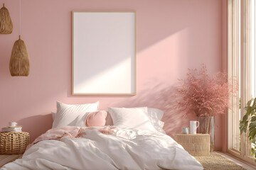 Cozy Bedroom with Soft Pink Walls and Natural Light Streaming Through Large Windows
