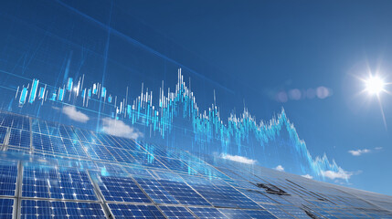 Digital financial chart overlaid on a solar panel field background. Represents green energy investment, sustainable finance, and the intersection of technology and renewable economy.