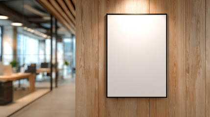 Blank vertical poster mockup with a black frame on a minimalist light wood wall in a modern Japandi style office.