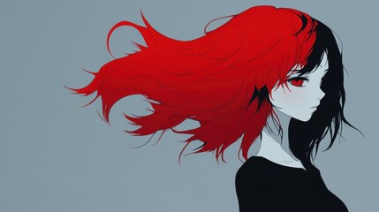 Red and black haired anime girl profile view.