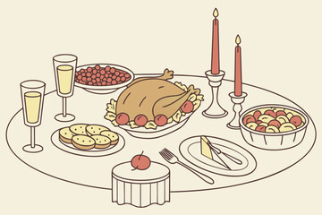 Classic Feast with Centerpiece Turkey and Seasonal Sides vector illustration