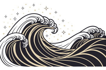 Obraz premium Gold and Black Wave Pattern with Floating Sparkles vector illustration
