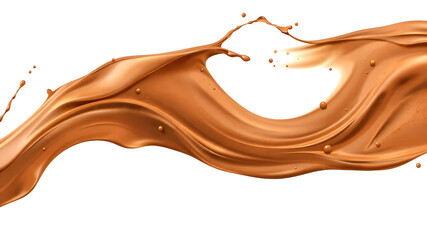 A smooth brown liquid flows and splashes elegantly in a graceful arc, creating dynamic patterns against a clean, bright background with ample space for text