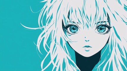 Teenage girl, with intense eyes, in teal background art.