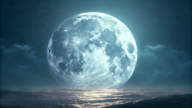 Full moonlight reflects on the dark blue ocean under a star-filled night sky with wispy clouds