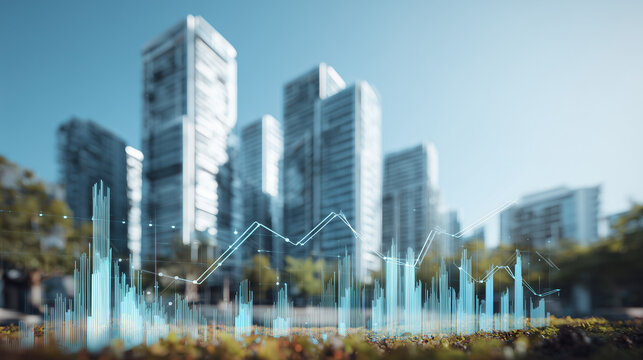 Financial data chart overlaid on a city building background. Perfect for illustrating urban economy, stock market trends, investment growth, and modern financial analysis.
