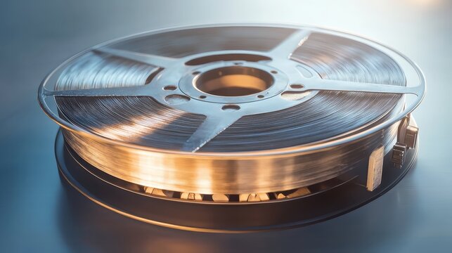 Vintage Film Reel on a Bluish Surface with Soft Lighting Effects