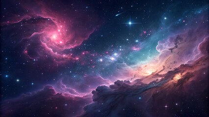 Obraz premium Abstract, dark space background with bright stars, cosmic clouds, and a deep blue nebula illustrates the starry night sky and the fantasy of the outer universe