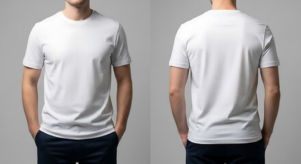A man wearing a blank white tshirt, front and back view