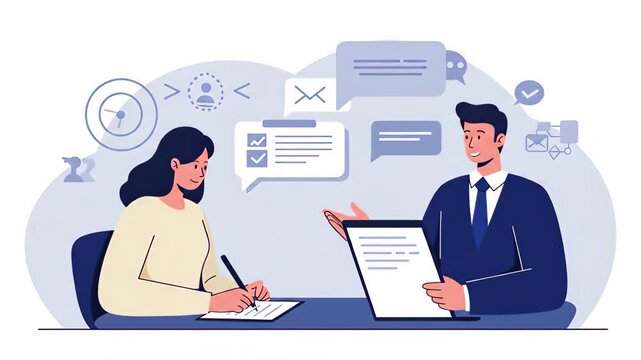 Flat vector a business meeting is underway, with a consultant advising a client, showcasing professional communication and strategic planning for successful outcomes